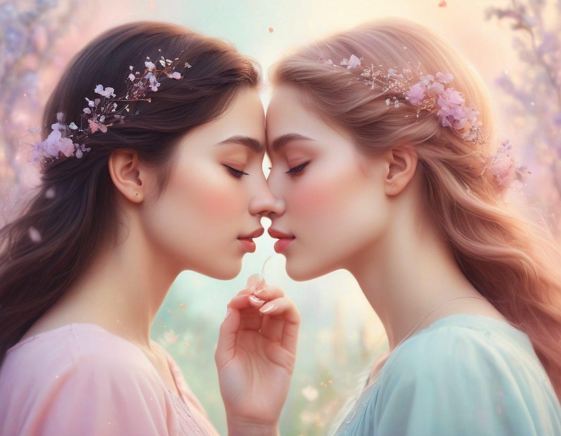 A captivating illustration showing two women with strong emotional connections, one whispering secrets to the other, surrounded by a dreamy, ethereal atmosphere filled with soft pastel colors. Include subtle symbols of love and desire like intertwined hearts and delicate flowers in the background. Emphasize the warmth of their friendship transforming into deeper emotions. dreamy, soft focus, vibrant colors.