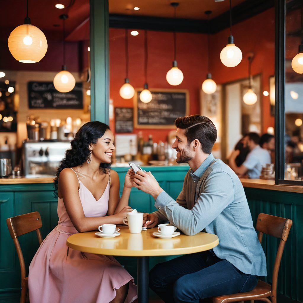 A whimsical café scene where diverse couples are engaged in flirtatious exchanges, conveying warmth and connection. Emphasize subtle body language, sparkling eyes, and playful gestures amidst soft background lighting. Include elements of modern romance, such as text messages and social media icons floating gently in the air. Captivating colors and dreamy aesthetics enhance the emotional atmosphere. vibrant colors. soft-focus. painting.