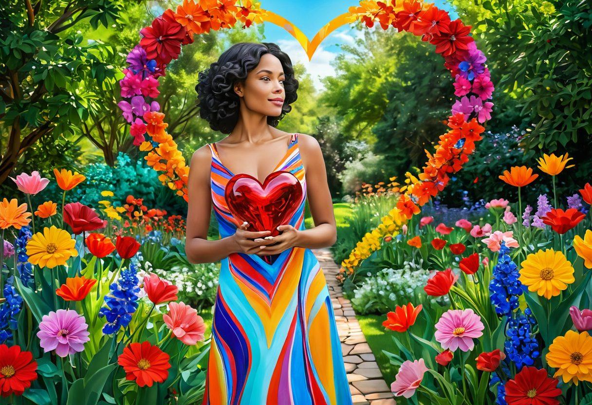 A powerful woman standing confidently in a vibrant, blooming garden that symbolizes growth and empowerment. She holds a heart-shaped glass, reflecting the chemistry of love, surrounded by diverse couples engaging in joyful interactions. The scene evokes a sense of connection and strength in relationships, with radiant colors emphasizing positivity and warmth. abstract and inspirational art style. vibrant colors. 3D.